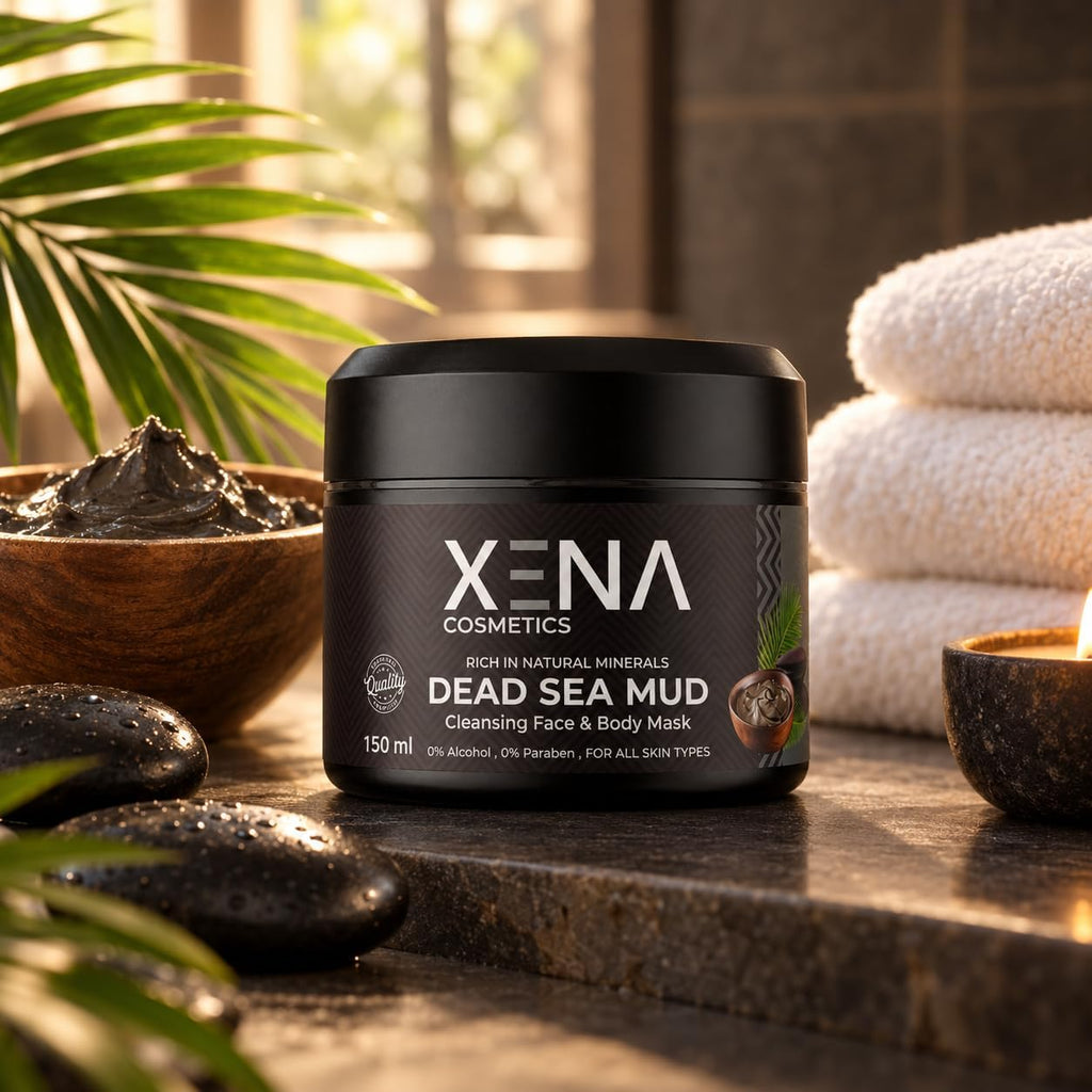 XENA Dead Sea Mud jar in a spa setting