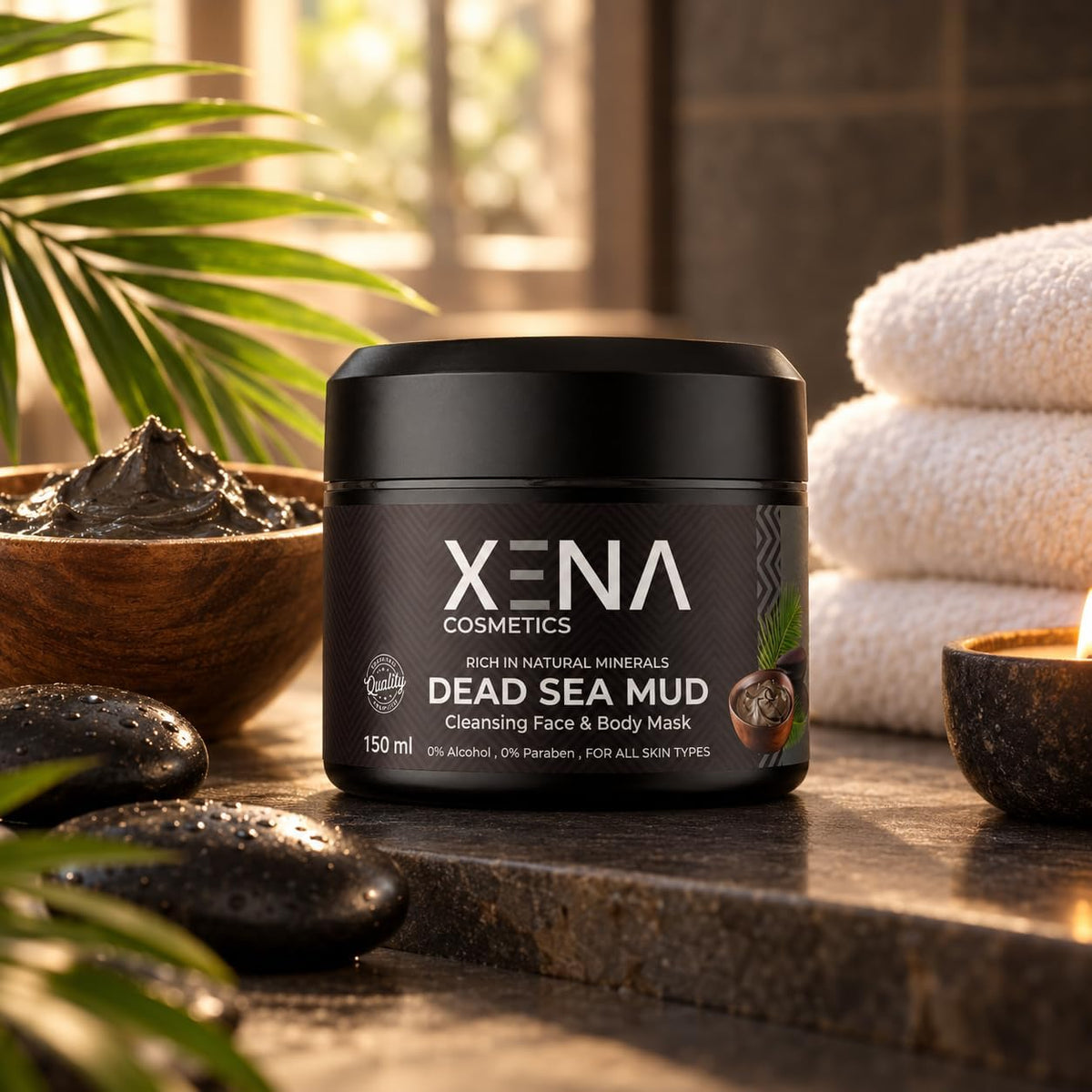 XENA Dead Sea Mud jar in a spa setting